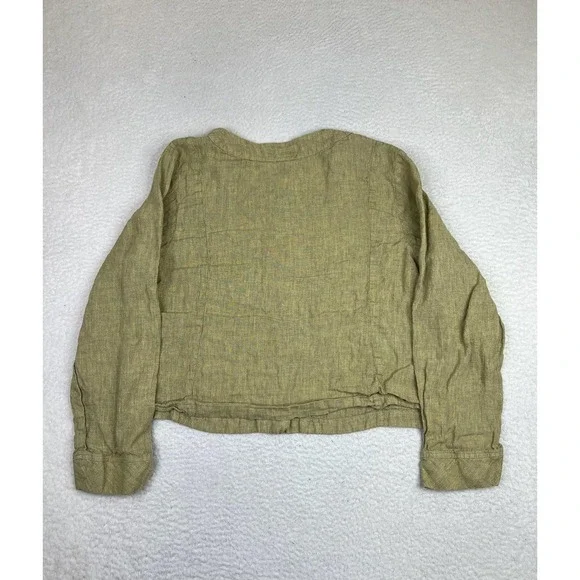 FLAX Blouse Womens Medium Green Linen Cropped Button Front Long Sleeve Top - Picture 2 of 8